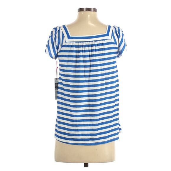 NWT Gibson x Hi Sugarplum  Blue White Striped Ruffle  Short Sleeve Top PetiteXXS - Picture 4 of 5